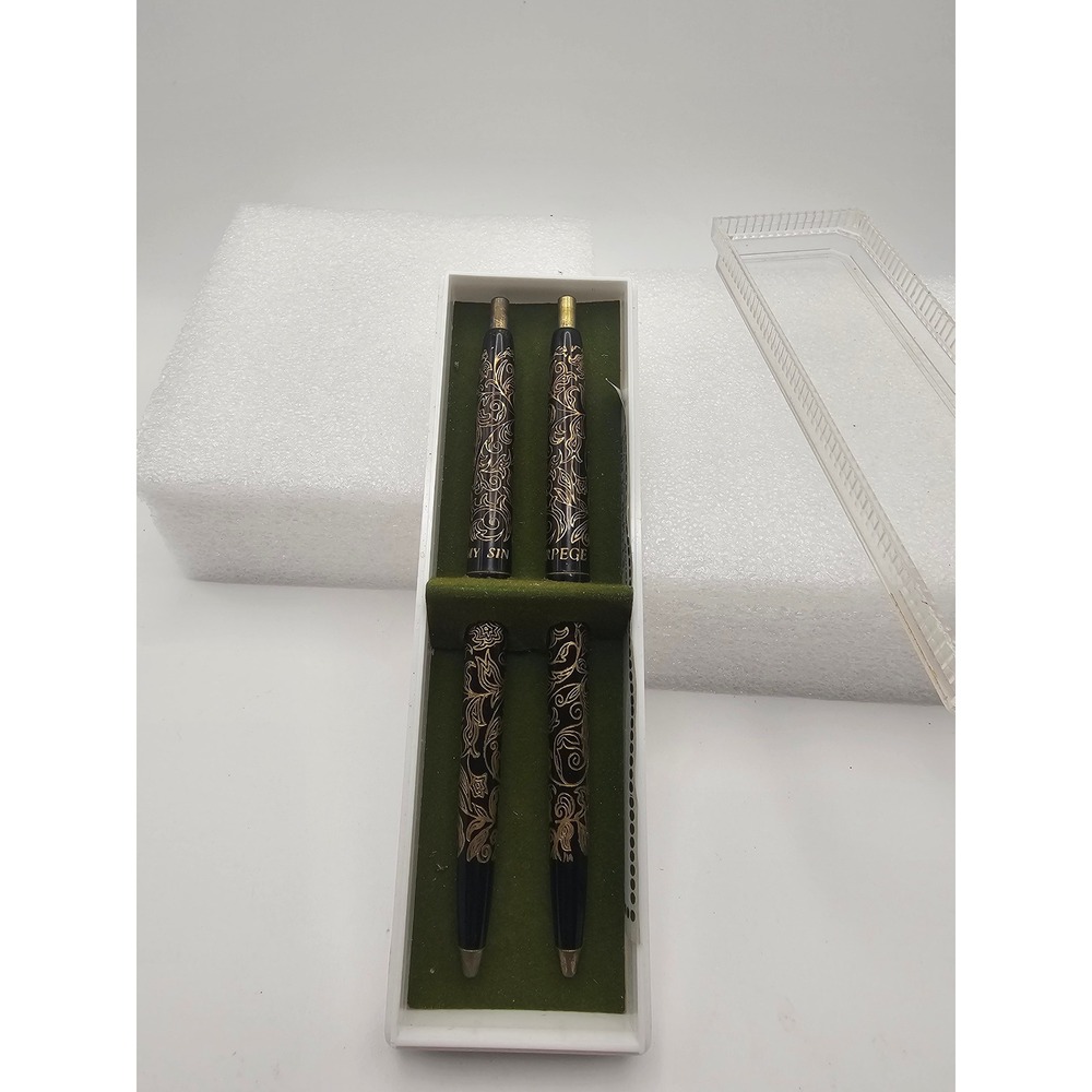 Vintage Lanvin Arpege My Sin Pen Set 14KT Gold Electroplated Floral Filigree